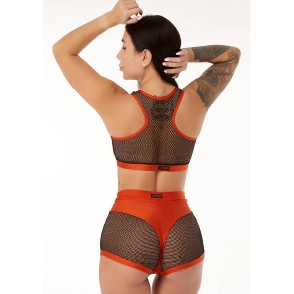 Polerina sheer illusion set orange black fishnet mesh small top medium bottoms - Picture 2 of 9